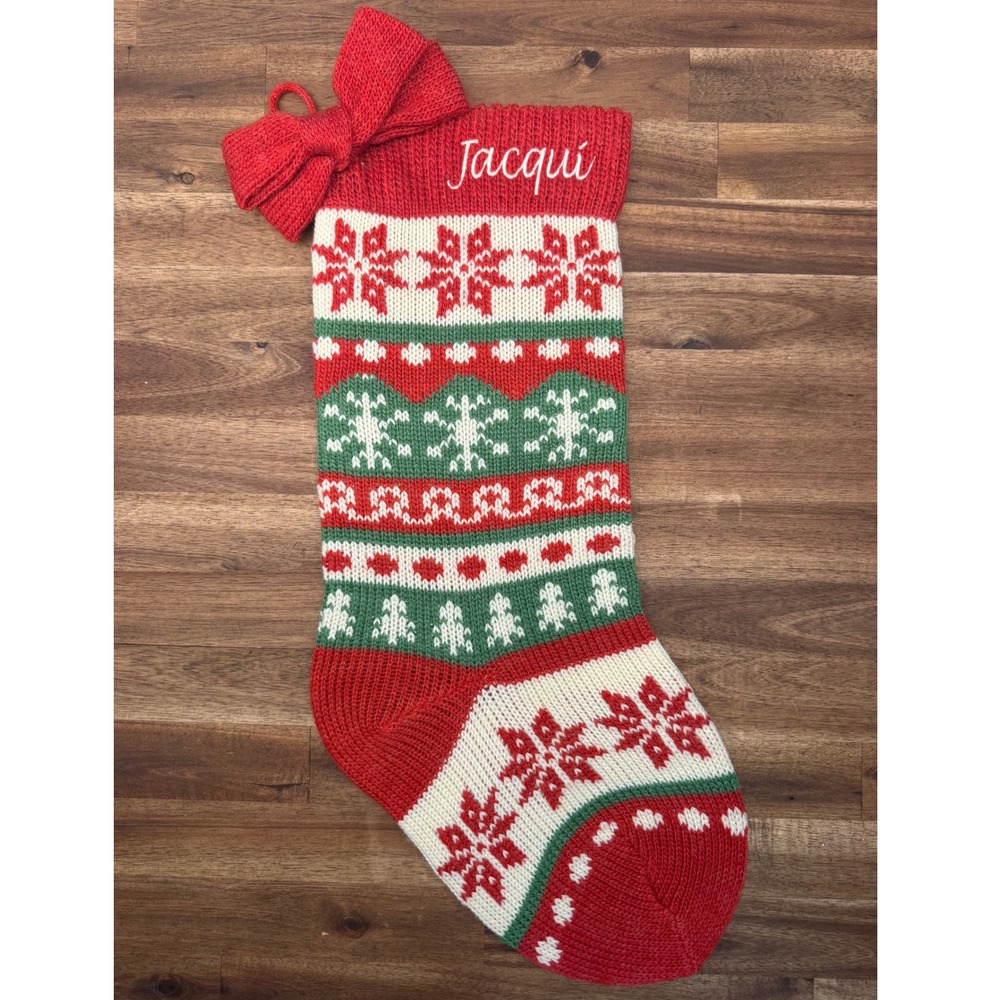Red Green Fair Isle Knit Christmas Stocking Bow Personalized-Jacqui